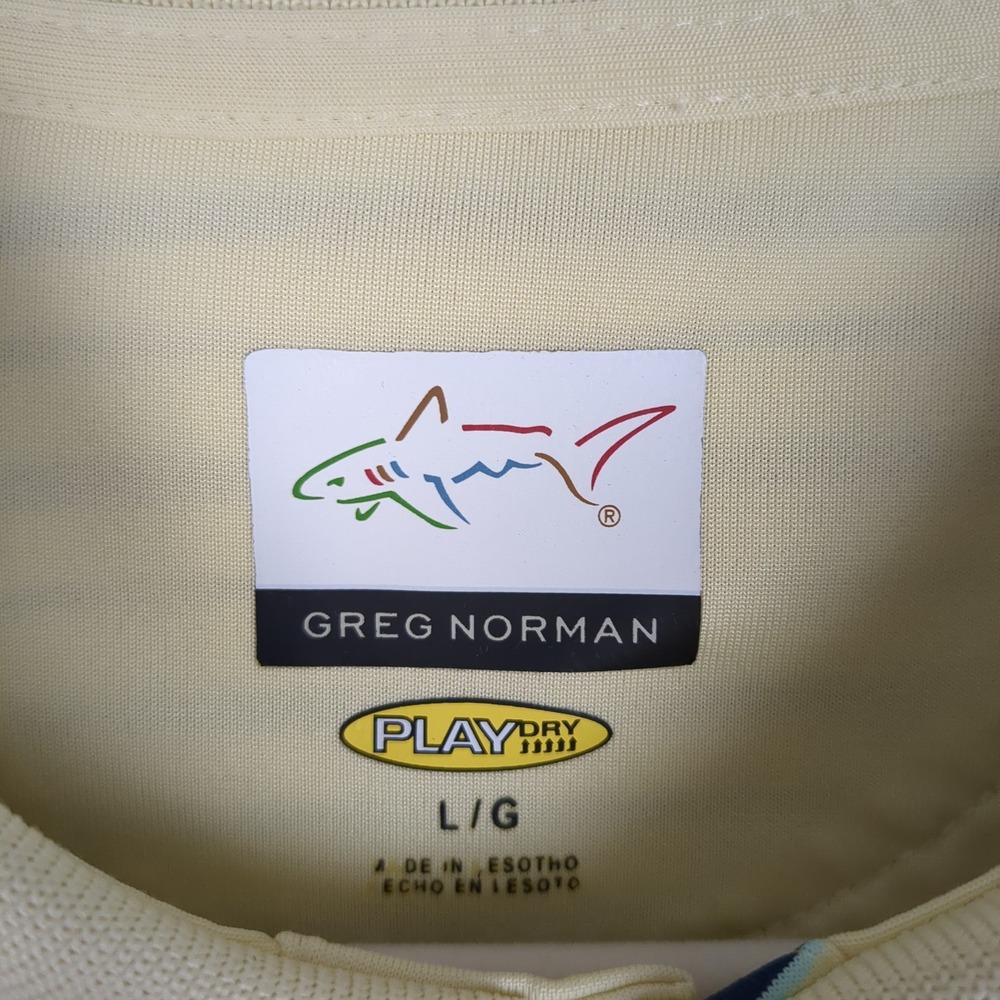 Greg Norman PLAY DRY Mens Polo Shirt Striped Yellow Blue Black Short Sleeve L - Picture 8 of 11
